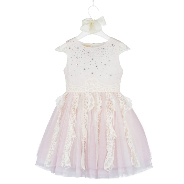 Girls Pale Pink Dress With Diamand Trims On The Chest PINCO PALLINO 
